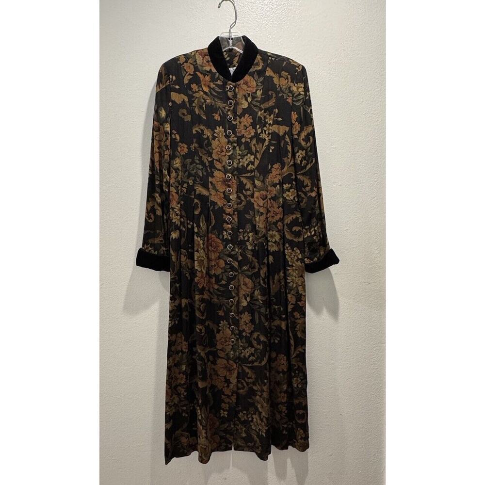Vintage JESSICA HOWARD Button Front Black Floral Tapestry‎ Dress Buttons Maxi